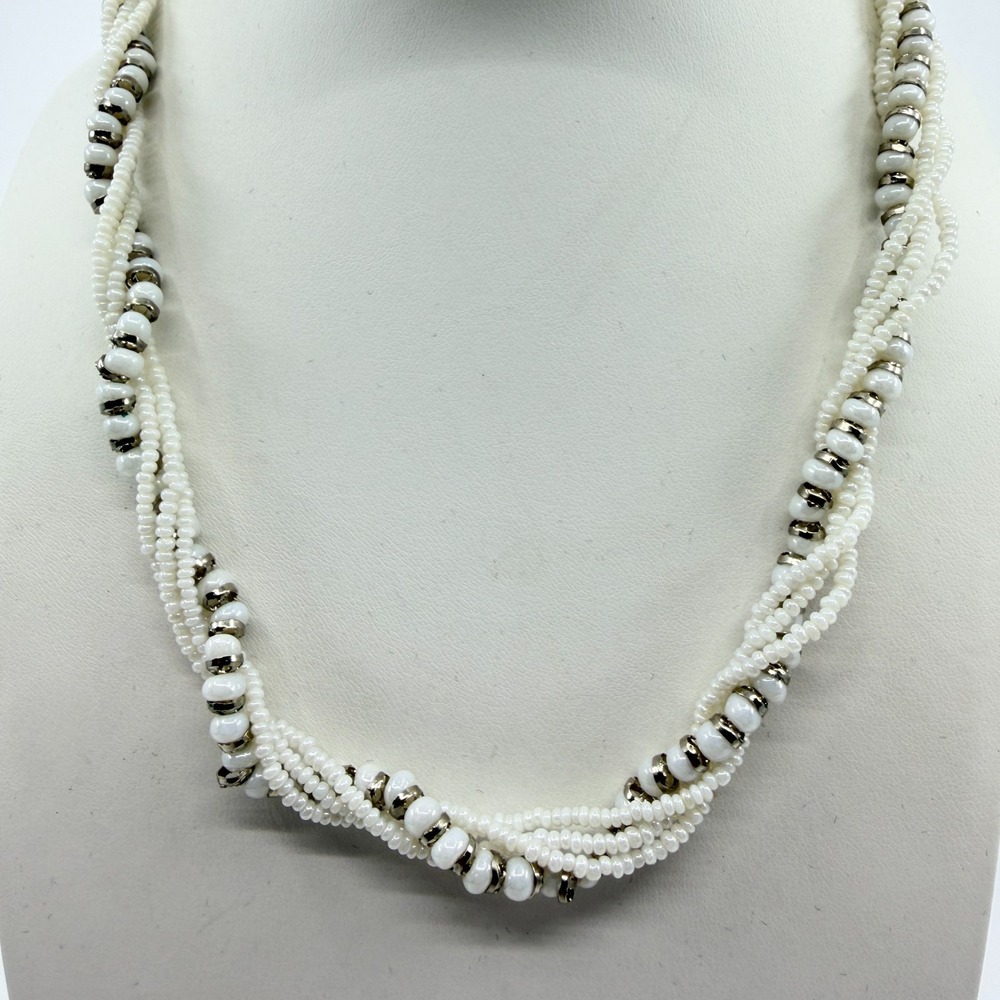 Vintage White Seed Bead Multi Strand Twisted Torsade Necklace Silver Tone Spacer